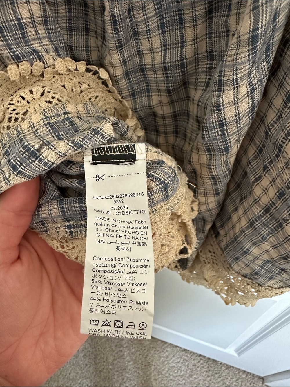 Bohme Blue and Cream Plaid Lace-Trim Square Neck Blouse - Picture 4 of 4